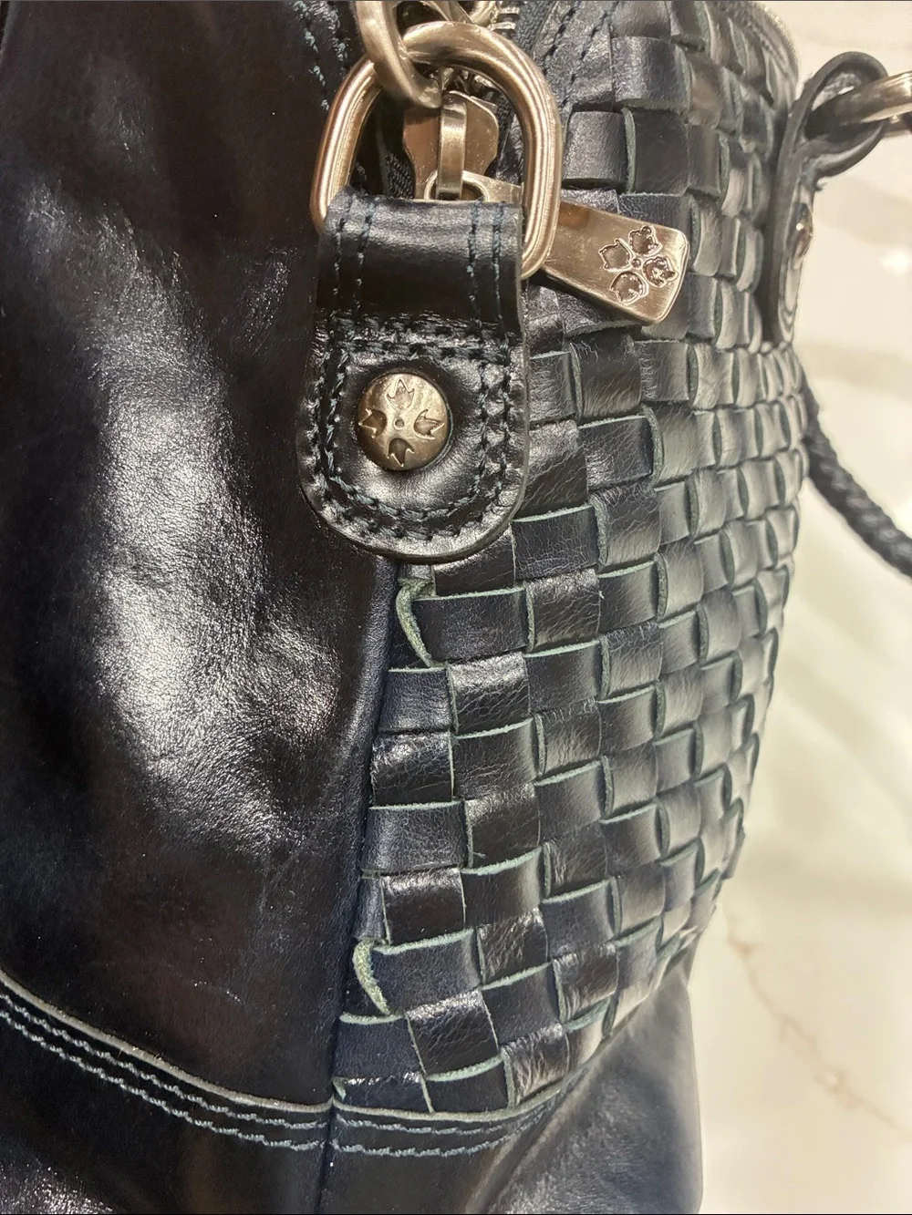Augusta Satchel Vintage Distressed Woven Leather | Navy Blue